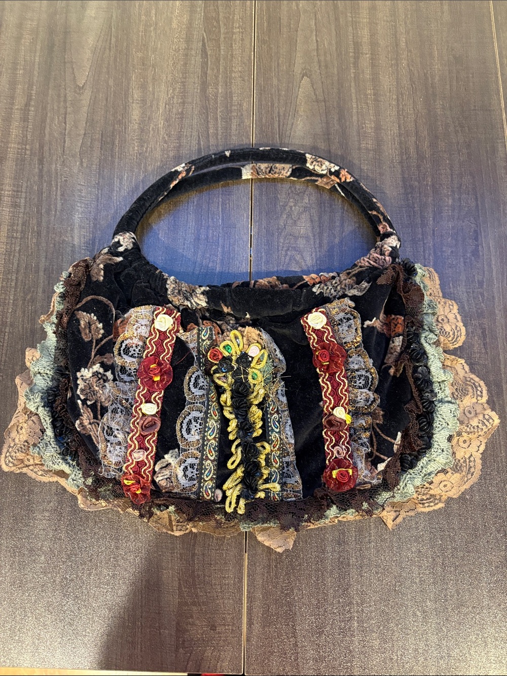 Black Velvet Embroidered Boho Clutch with Multicolor Trim